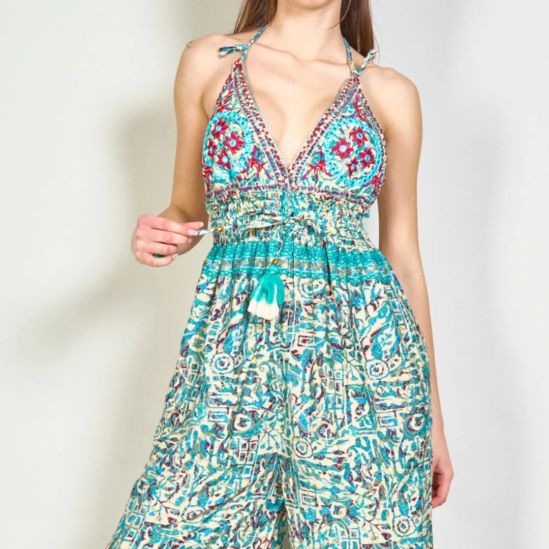 Embroidered boho jumpsuit with tassel accents wholesale