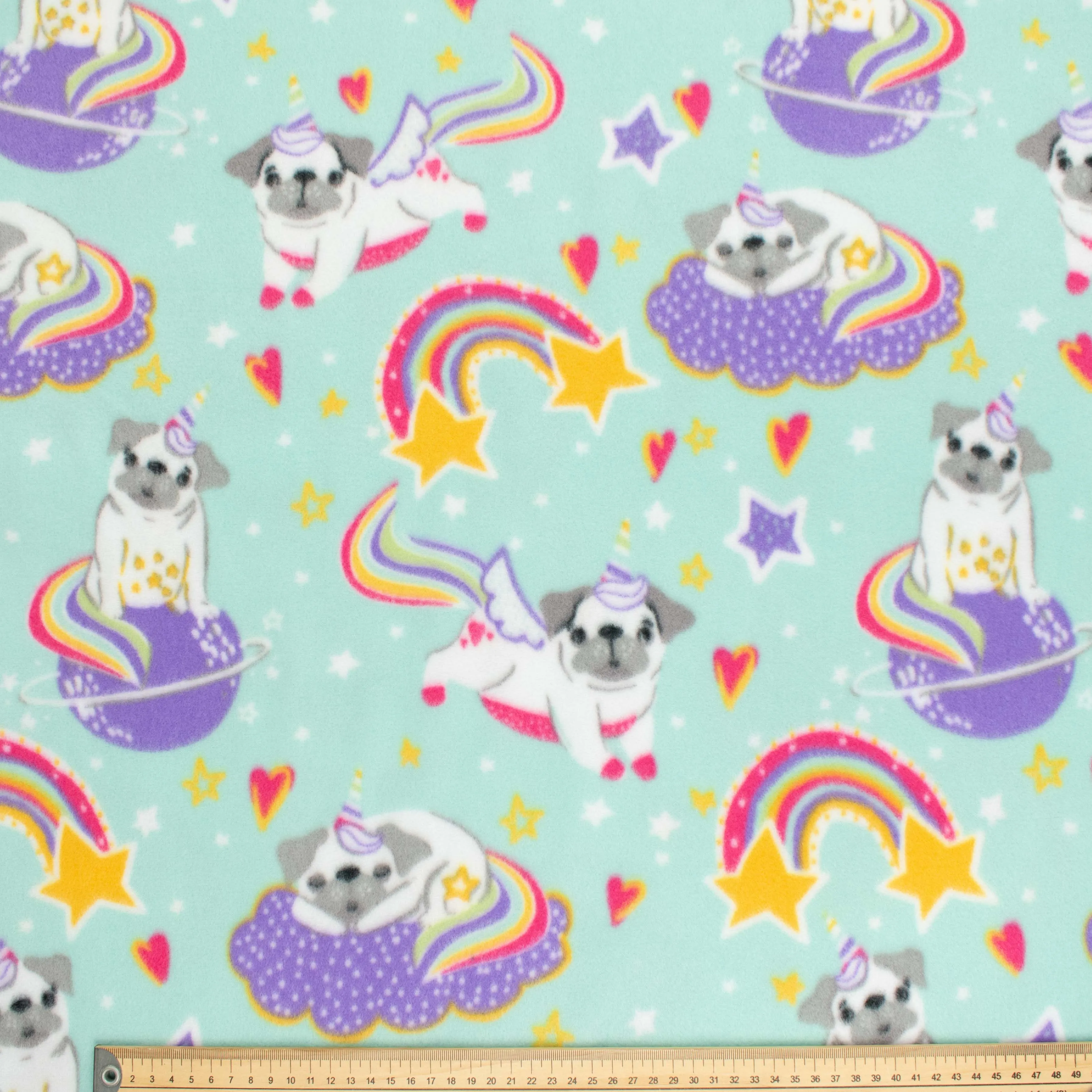 Multi Unicorn Pugs & Rainbows on Aqua Printed Polar Fleece